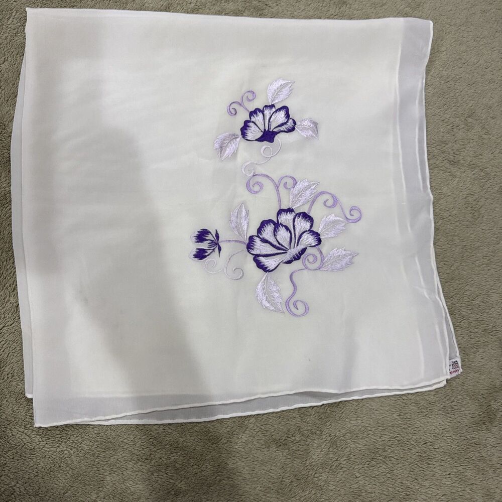 Vintage Crepe De Chine Hand Rolled Scarf Purple Flowers